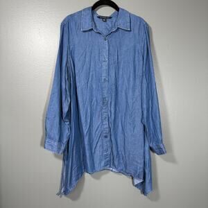 Zac & Rachel Blue Chambray Denim Tunic Button Up Shirt - 1X - Women's Plus Size